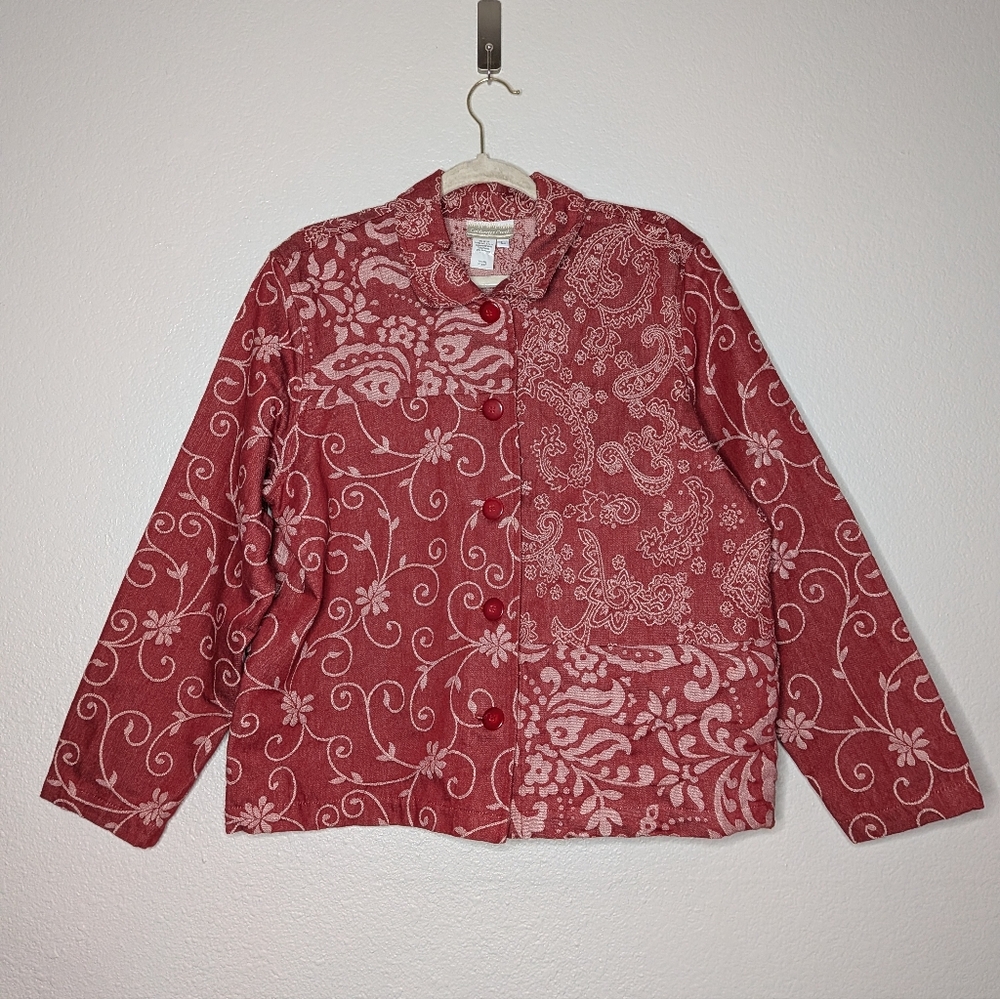 Coldwater Creek Womens Red Vintage Paisley Floral Mixed Prints Denim Jacket L